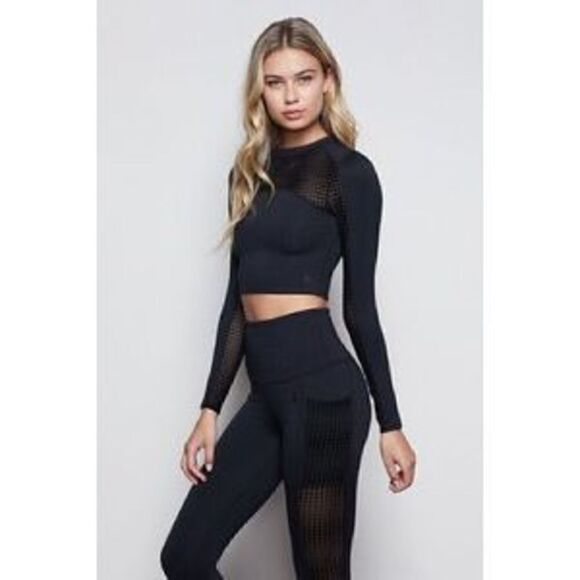 Good American High Rise Side Sheer  Mesh Athletic Black Leggings Size 2 - Picture 1 of 7